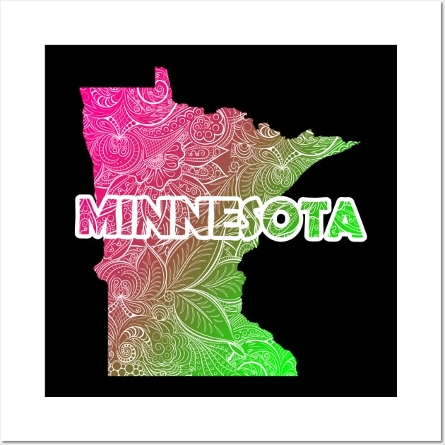 Colorful mandala art map of Minnesota with text in pink and green Wall Art by Happy Citizen